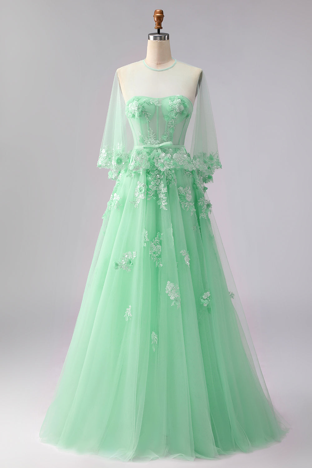 Blush Floral Tulle A Line Corset Long Prom Dress with Cape