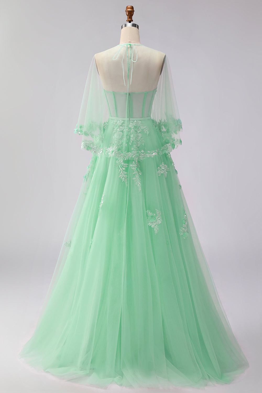 Blush Floral Tulle A Line Corset Long Prom Dress with Cape