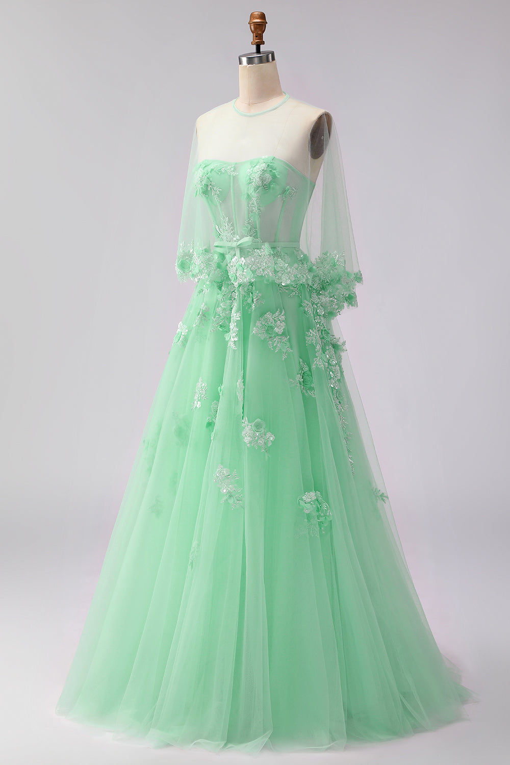 Blush Floral Tulle A Line Corset Long Prom Dress with Cape