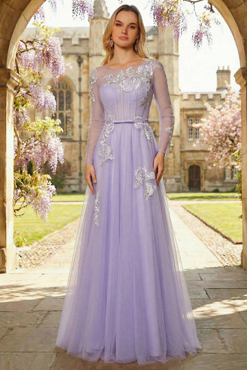 Sparkly Floral Lilac Appliqued Tulle Long Corset Prom Dress with Sleeves