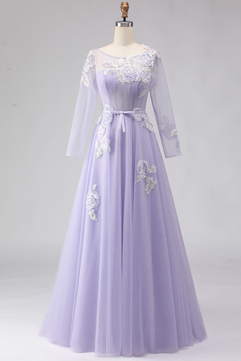 Sparkly Floral Yellow A Line Tulle Appliqued Long Corset Prom Dress with Sleeves