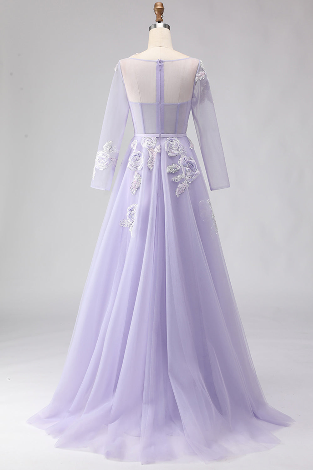 Sparkly Floral Yellow A Line Tulle Appliqued Long Corset Prom Dress with Sleeves