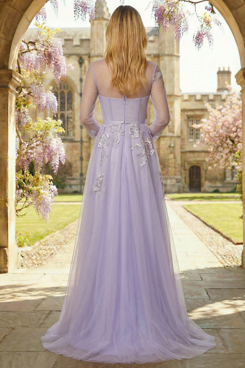 Sparkly Floral Yellow A Line Tulle Appliqued Long Corset Prom Dress with Sleeves
