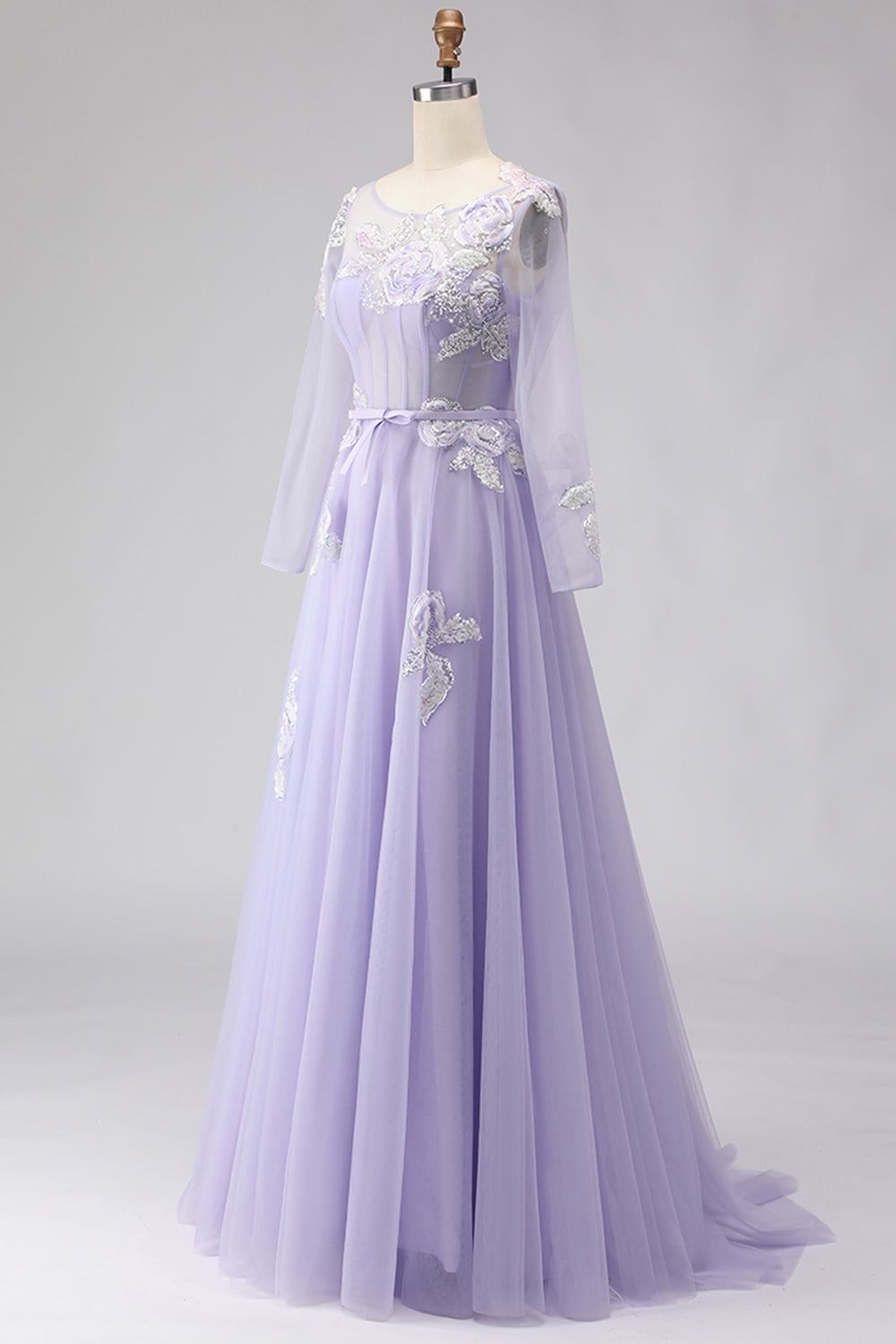 Sparkly Floral Yellow A Line Tulle Appliqued Long Corset Prom Dress with Sleeves