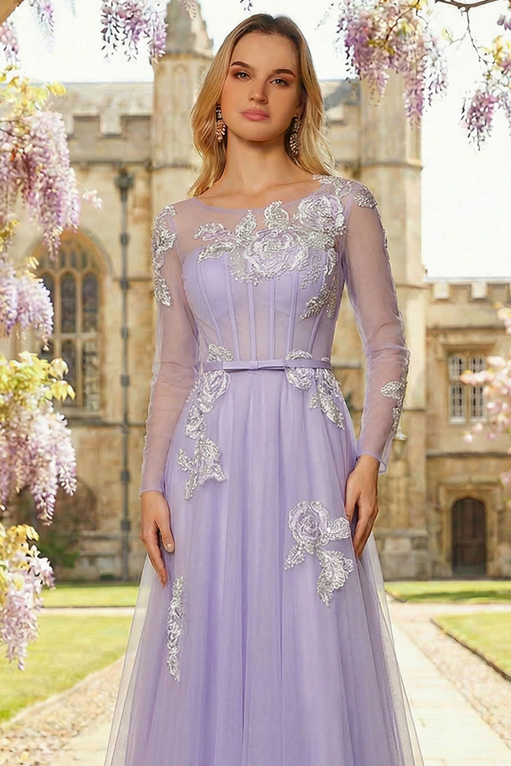 Sparkly Floral Lilac Appliqued Tulle Long Corset Prom Dress with Sleeves