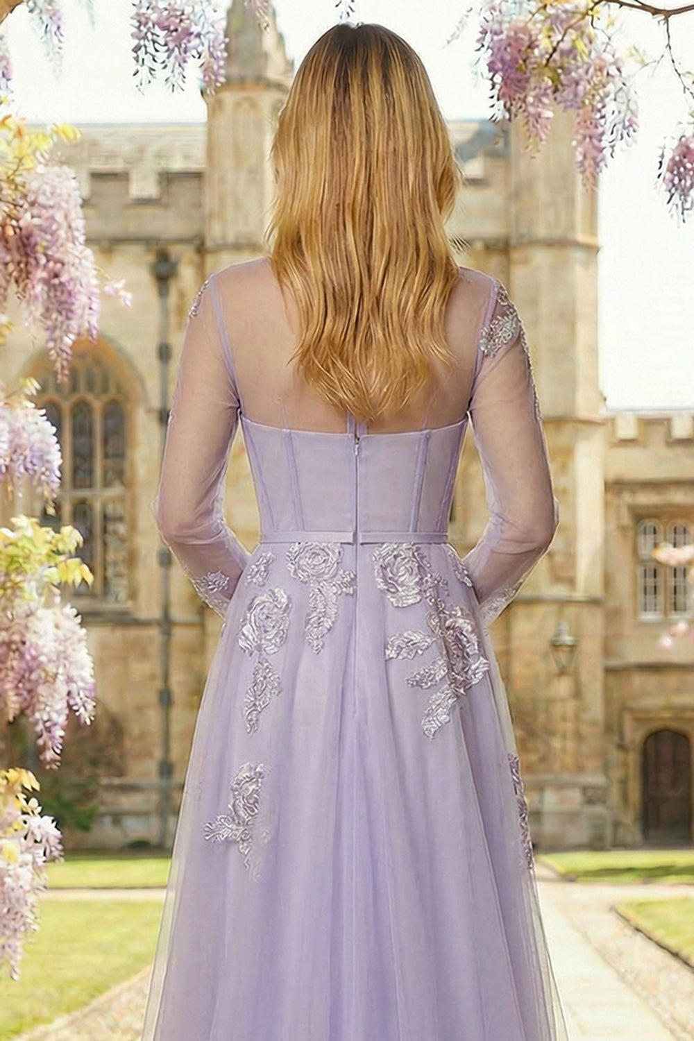 Sparkly Floral Lilac Appliqued Tulle Long Corset Prom Dress with Sleeves