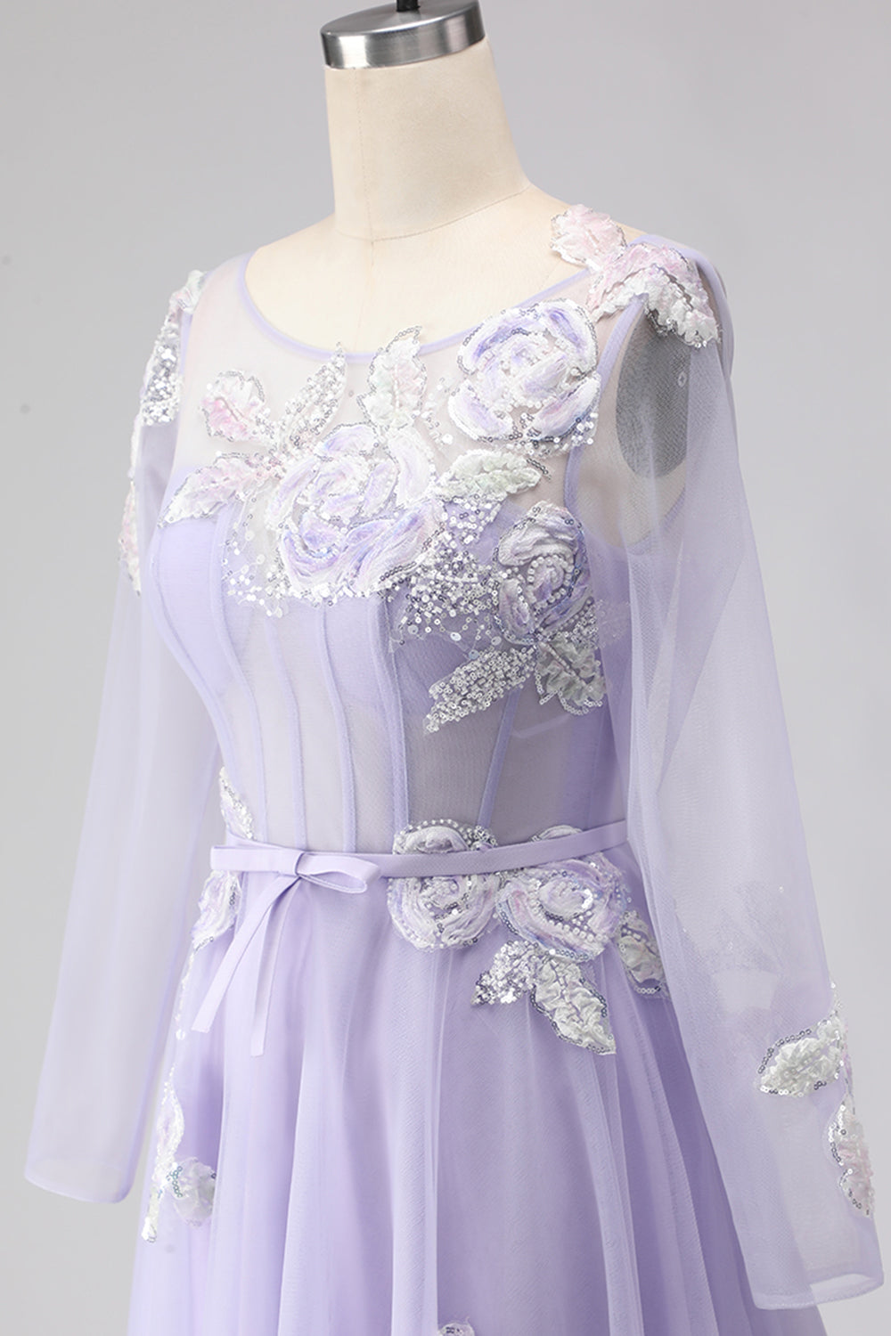 Sparkly Floral Yellow A Line Tulle Appliqued Long Corset Prom Dress with Sleeves