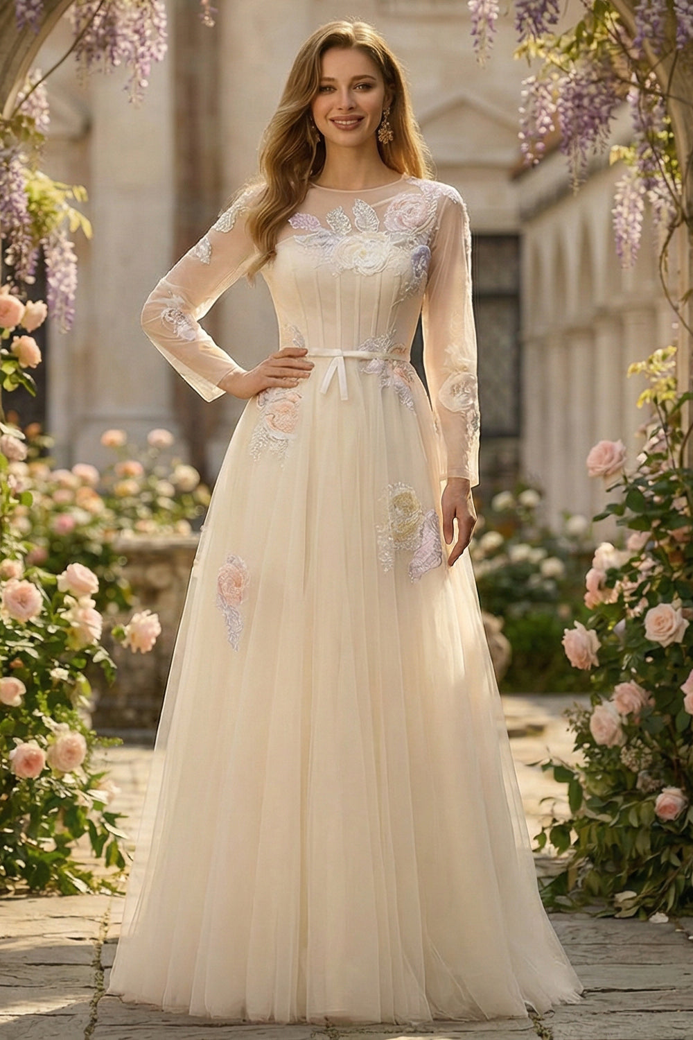 Sparkly Floral Yellow A Line Tulle Appliqued Long Corset Prom Dress with Sleeves