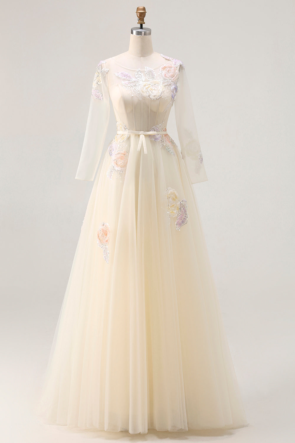 Sparkly Floral Lilac A Line Tulle Appliqued Long Corset Prom Dress with Sleeves