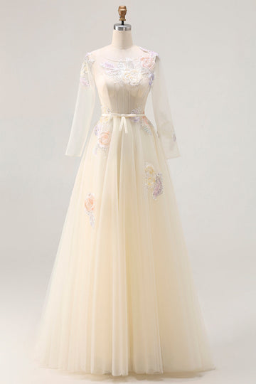 Sparkly Floral Yellow A Line Tulle Appliqued Long Corset Prom Dress with Sleeves