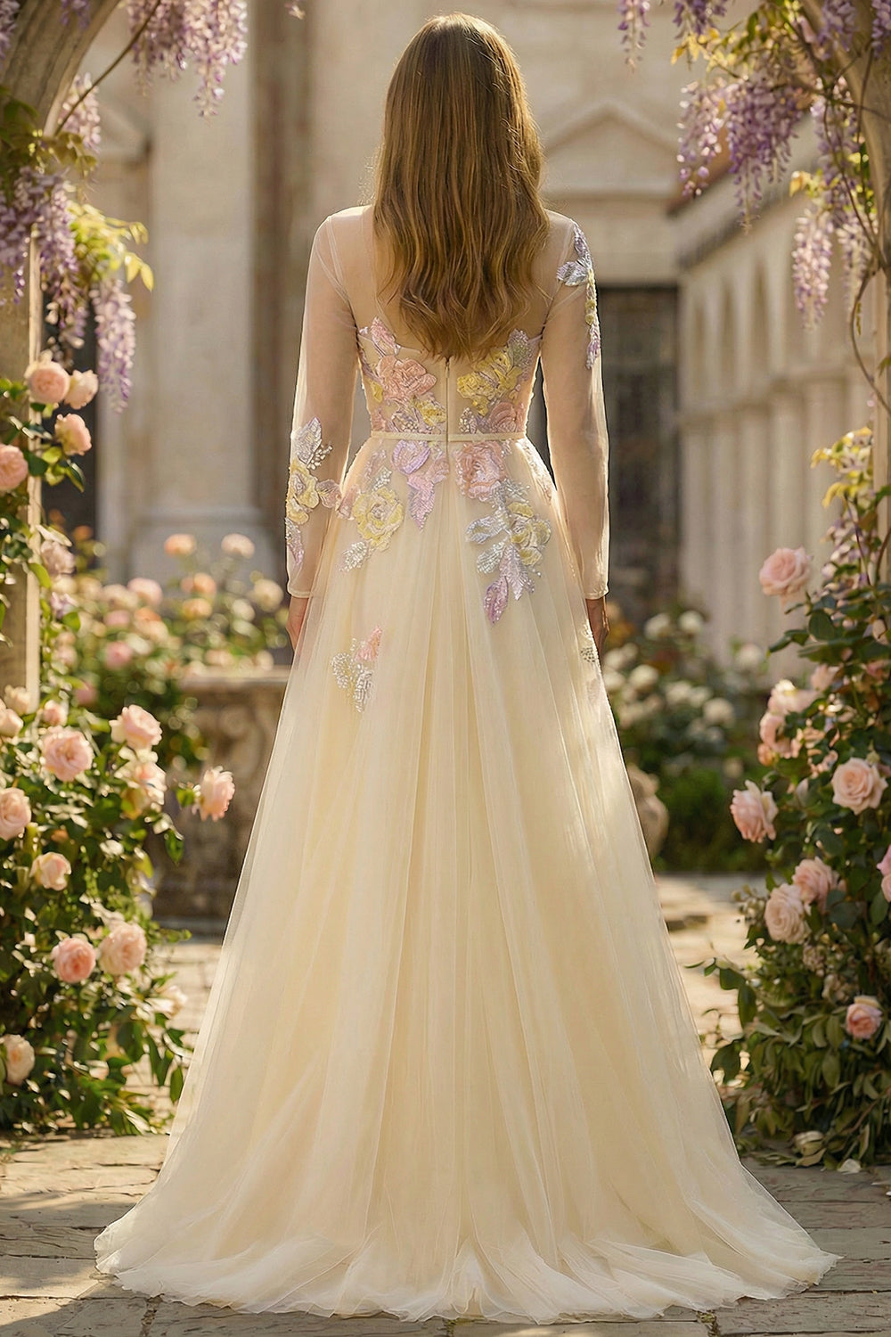 Sparkly Floral Lilac Appliqued Tulle Long Corset Prom Dress with Sleeves