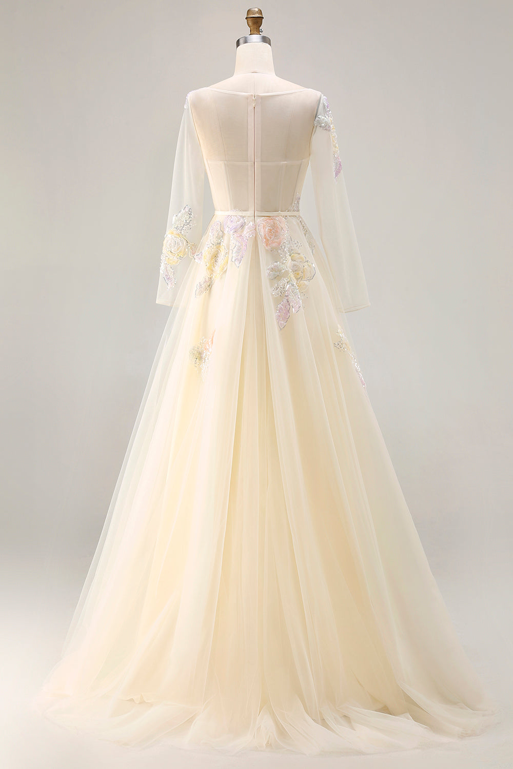 Sparkly Floral Lilac A Line Tulle Appliqued Long Corset Prom Dress with Sleeves