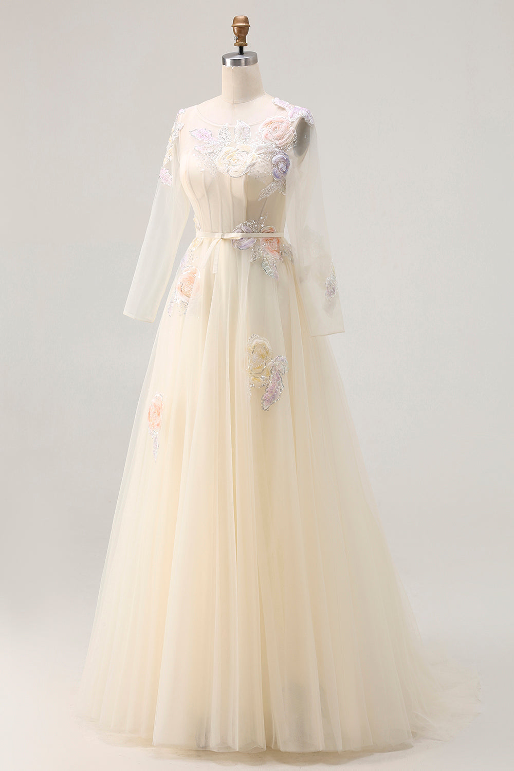 Sparkly Floral Yellow A Line Tulle Appliqued Long Corset Prom Dress with Sleeves