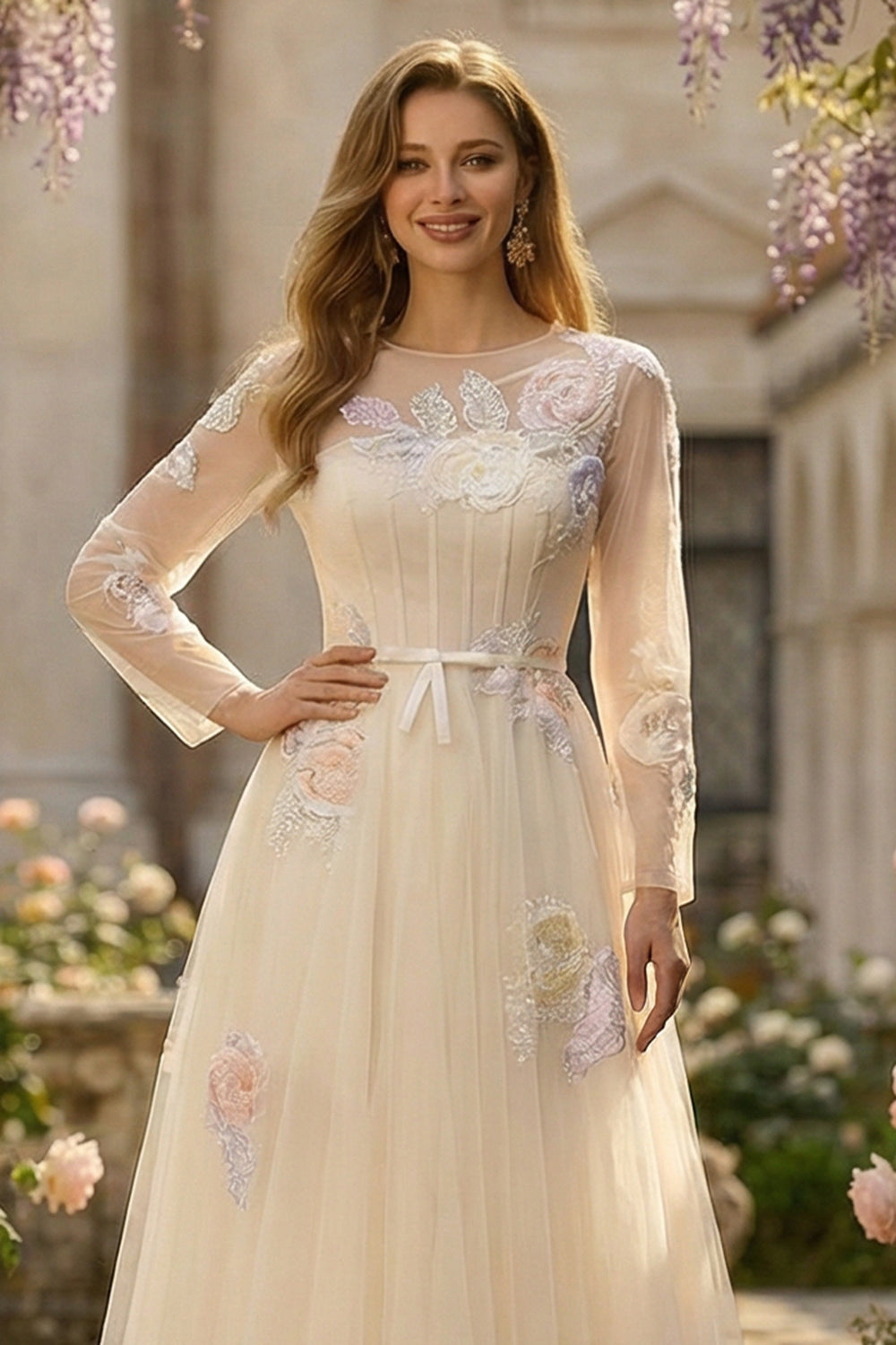 Sparkly Floral Lilac Appliqued Tulle Long Corset Prom Dress with Sleeves