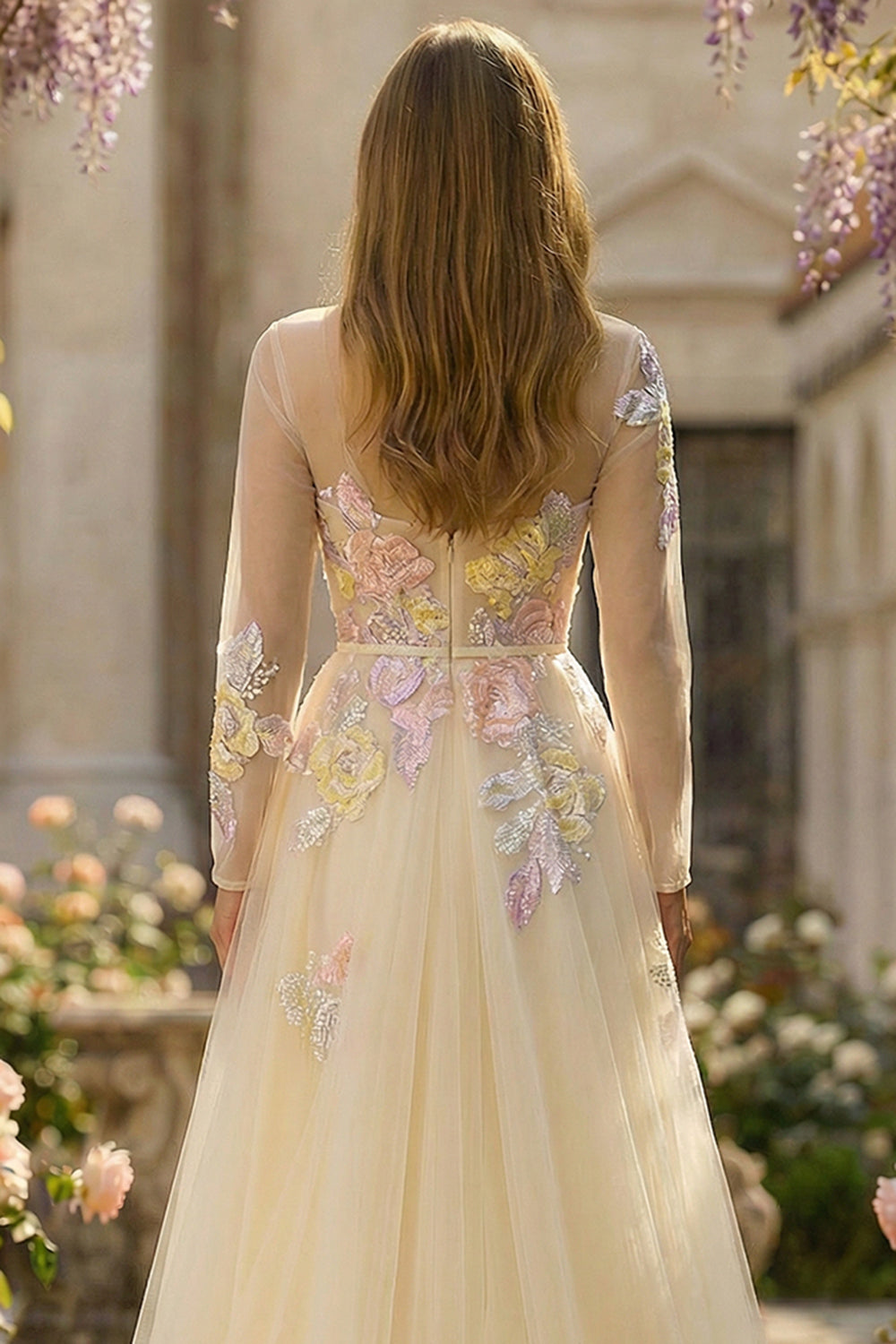 Sparkly Floral Lilac Appliqued Tulle Long Corset Prom Dress with Sleeves