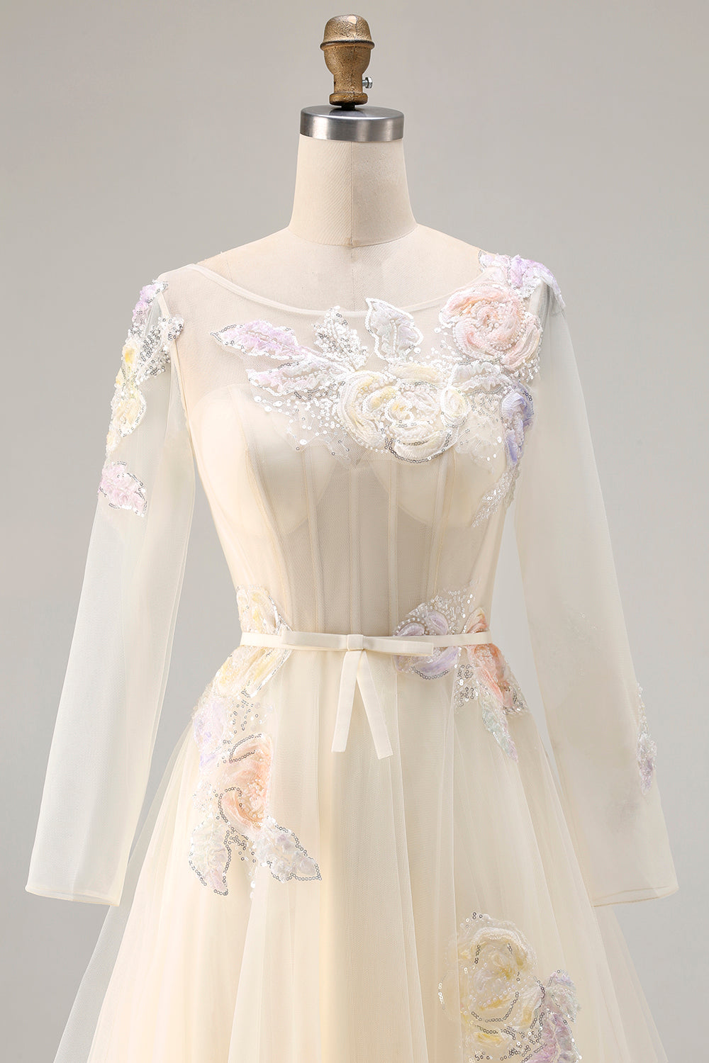 Sparkly Floral Yellow A Line Tulle Appliqued Long Corset Prom Dress with Sleeves