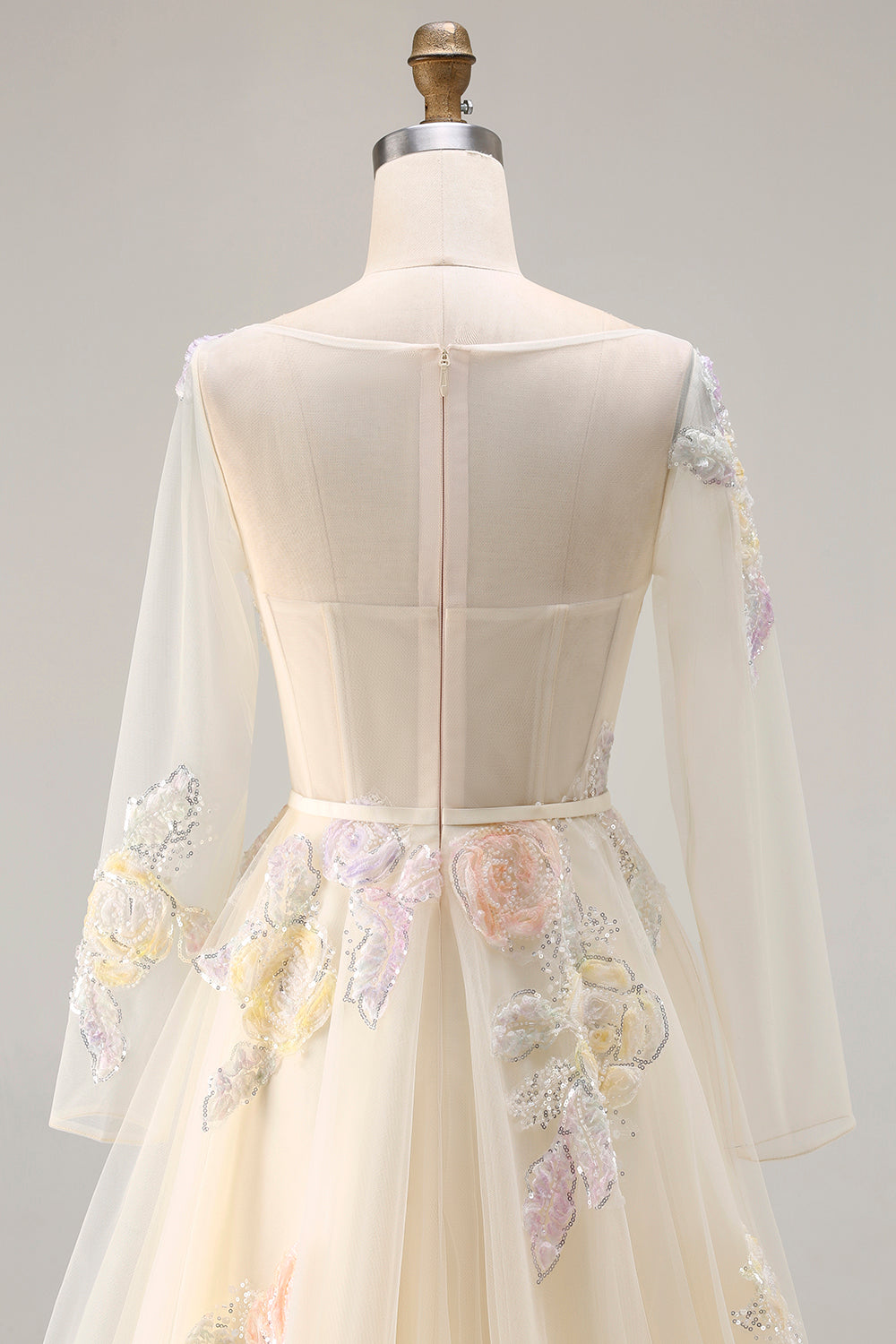 Sparkly Floral Lilac A Line Tulle Appliqued Long Corset Prom Dress with Sleeves