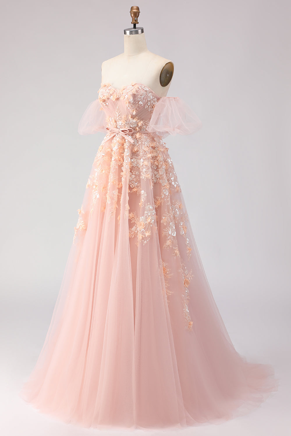 Floral Blush Off the Shoulder A Line Long Prom Dress with Bow