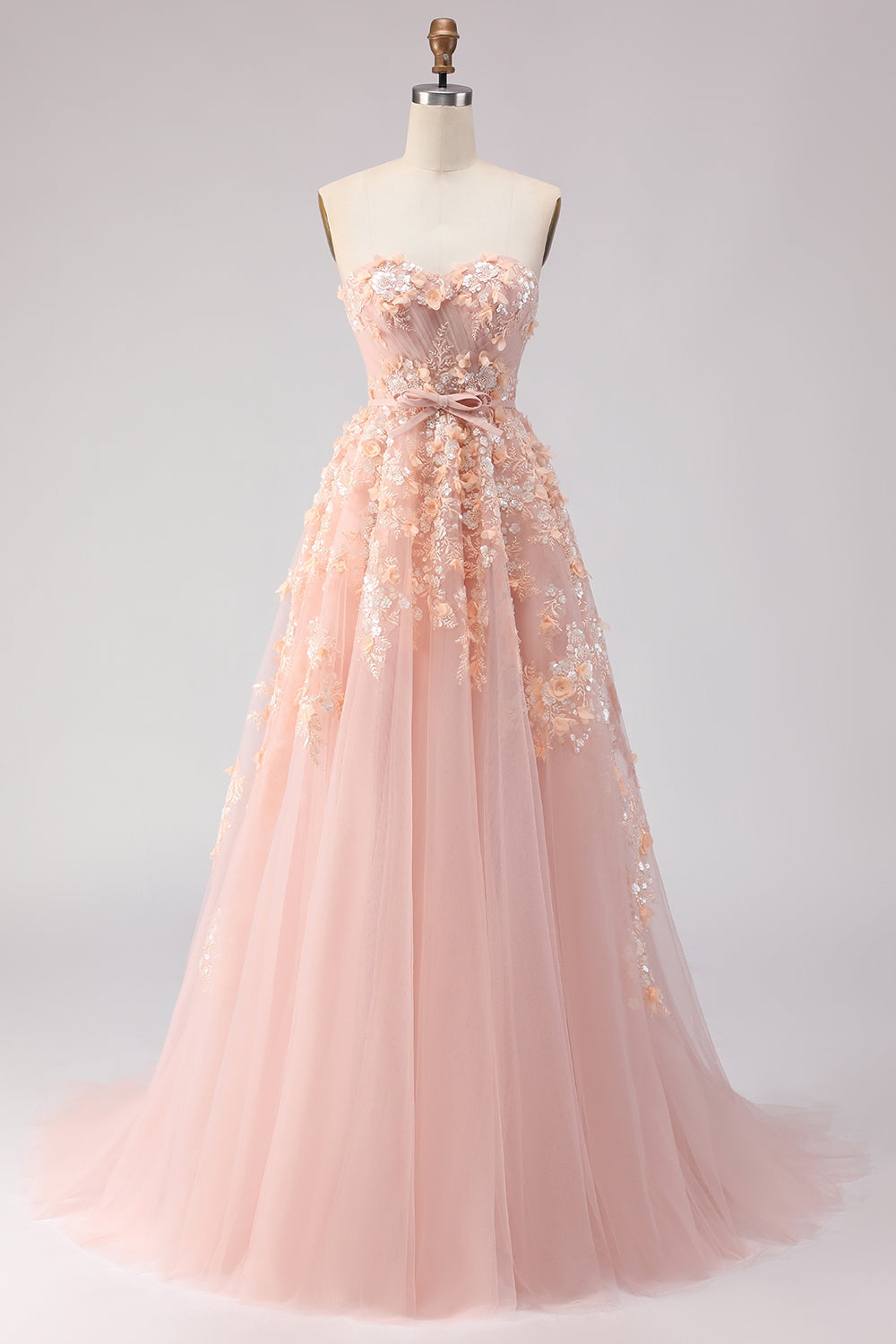 Floral Blush Off the Shoulder A Line Long Prom Dress with Bow