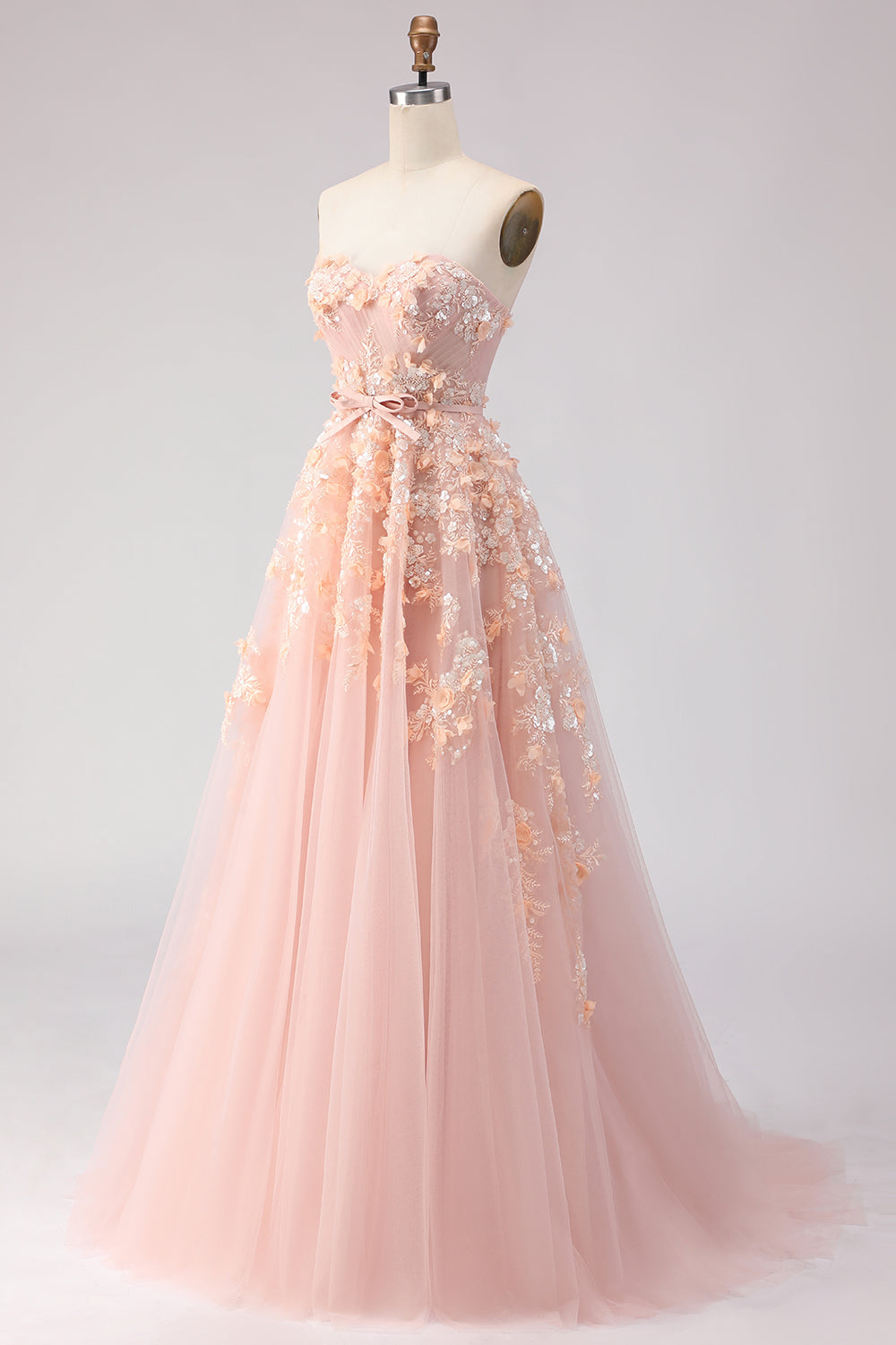 Floral Blush Off the Shoulder A Line Long Prom Dress with Bow