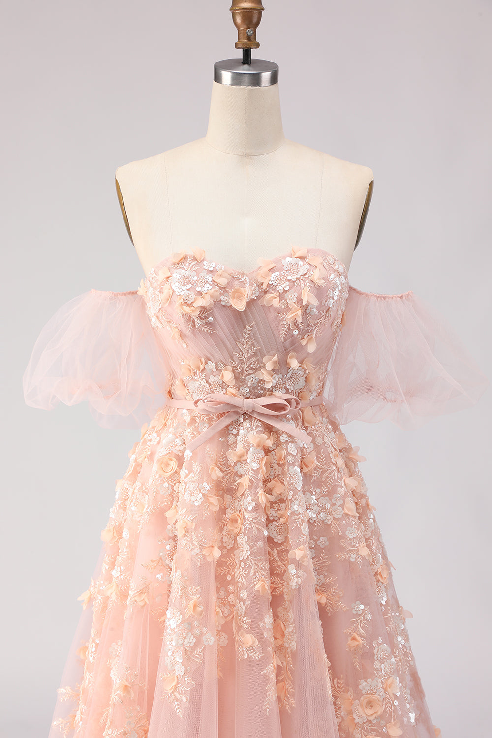 Floral Blush Off the Shoulder A Line Long Prom Dress with Bow