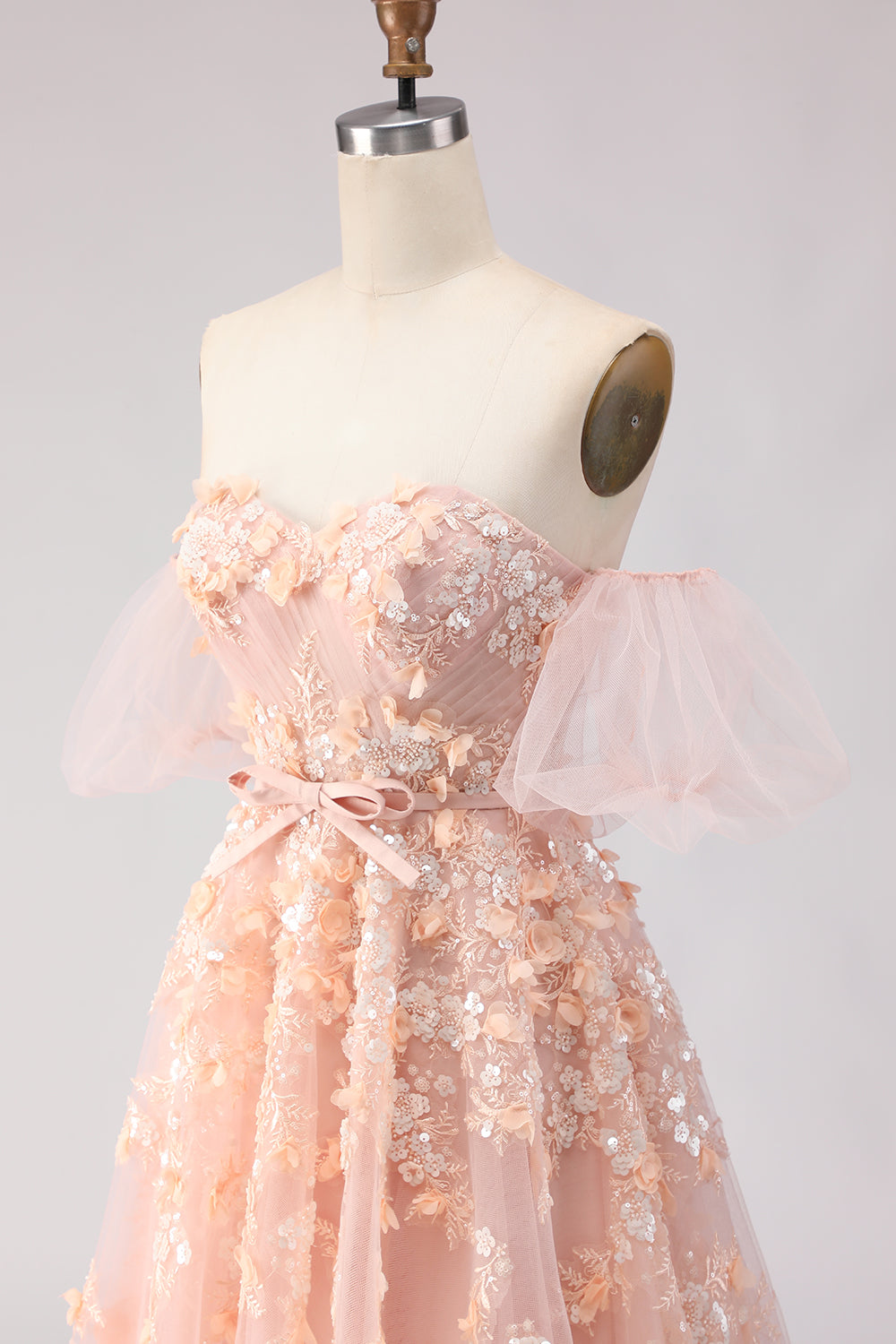 Floral Blush Off the Shoulder A Line Long Prom Dress with Bow