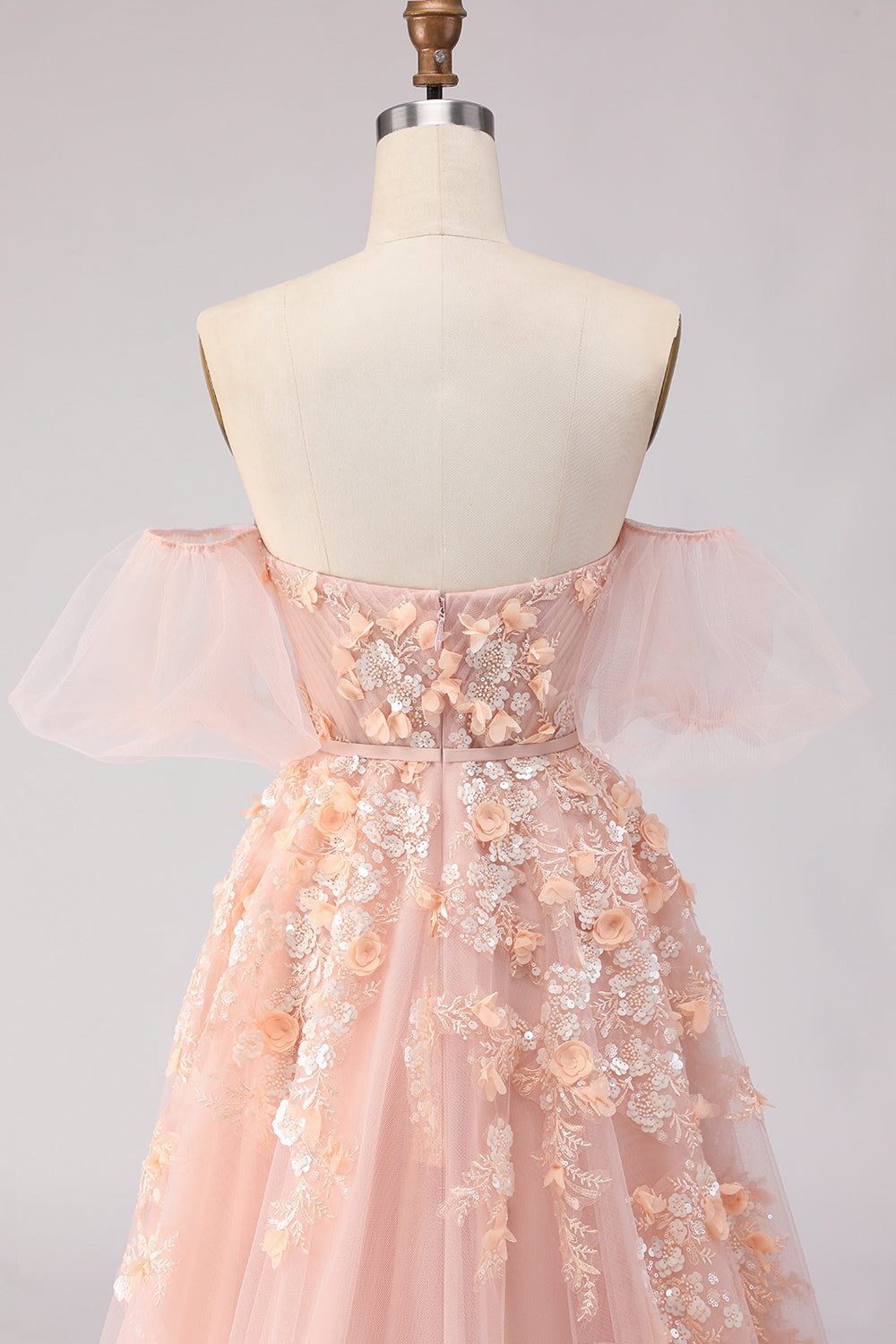Floral Blush Off the Shoulder A Line Long Prom Dress with Bow