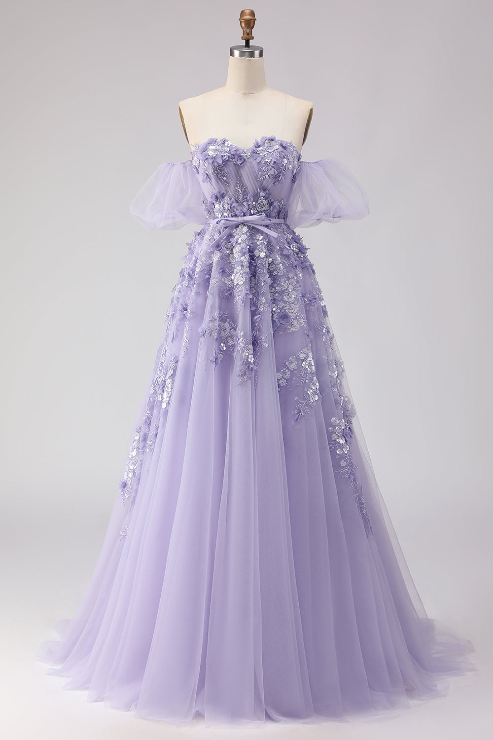 Floral Blush Off the Shoulder A Line Long Prom Dress with Bow