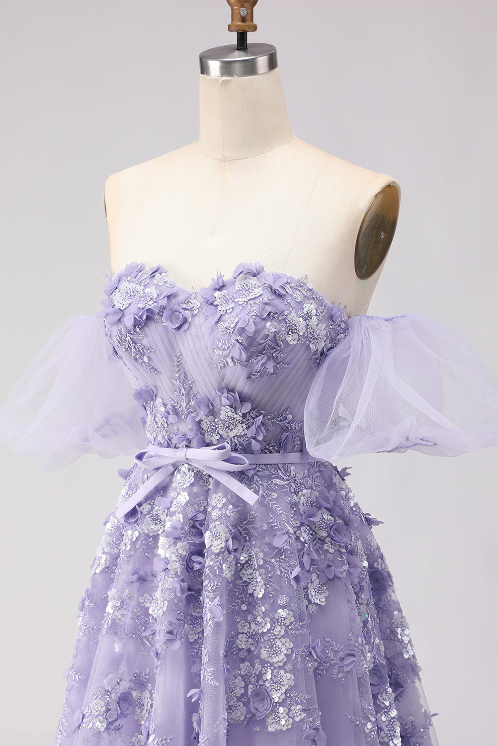 Floral Blush Off the Shoulder A Line Long Prom Dress with Bow