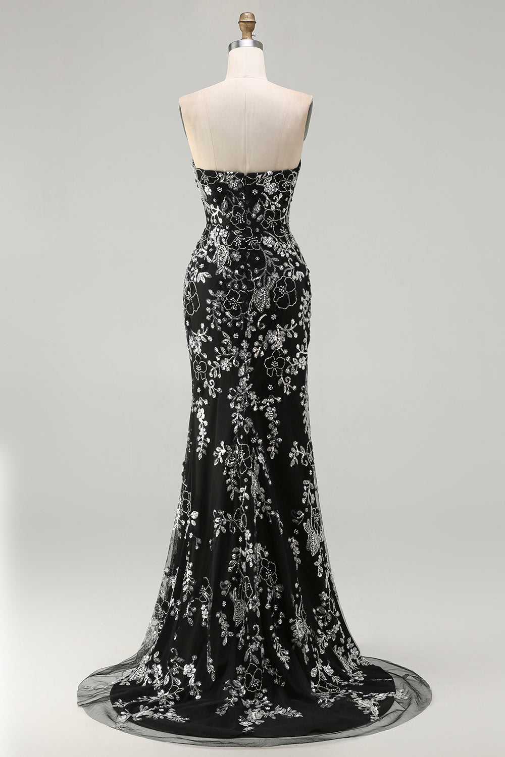 Sparkly Floral Red Mermaid Strapless Long Prom Dress with Beading