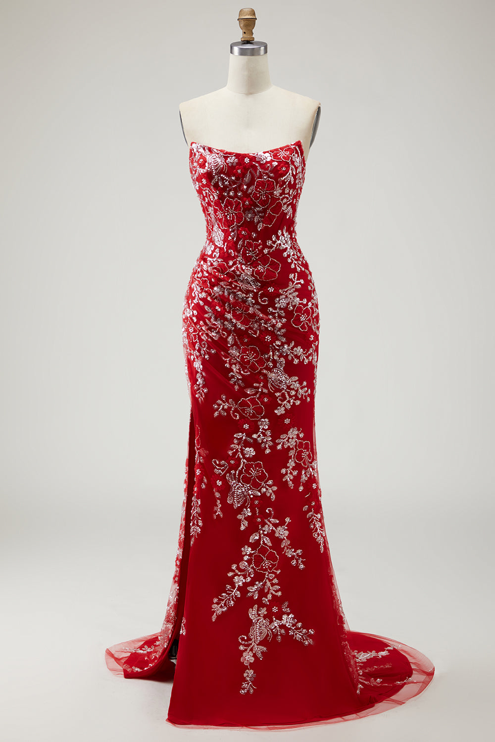 Sparkly Black Floral Mermaid Strapless Long Prom Dress with Beading