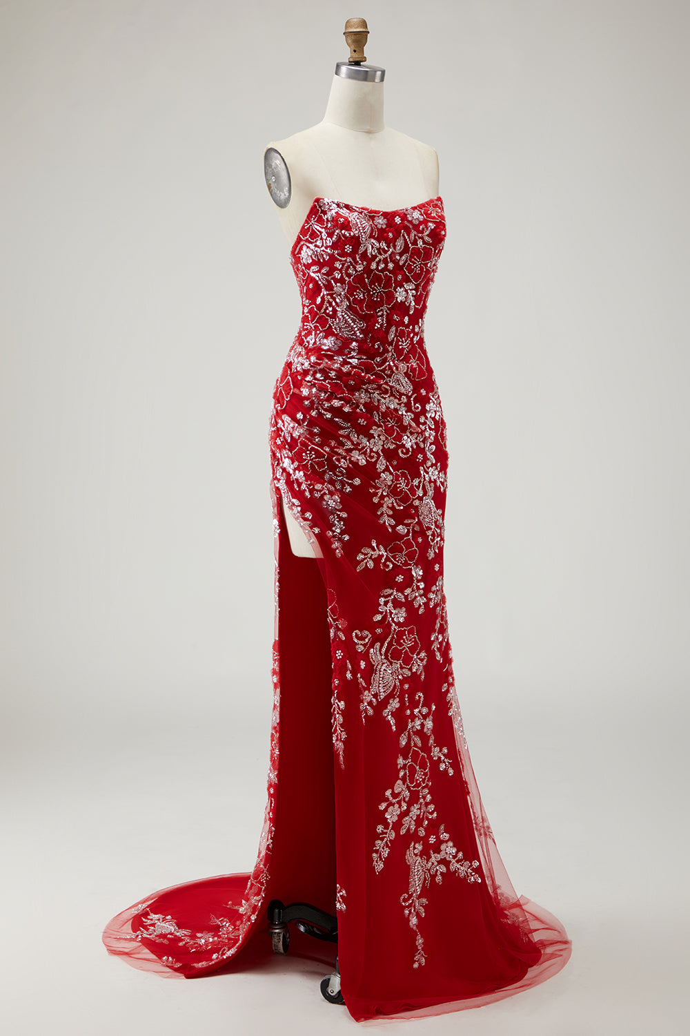 Sparkly Black Floral Mermaid Strapless Long Prom Dress with Beading