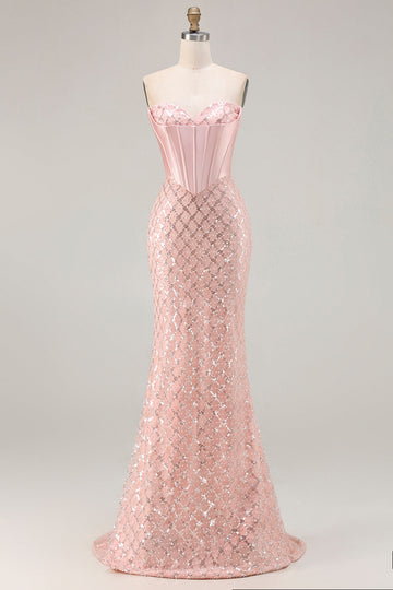 Sparkly Blush Mermaid Sequin Sweetheart Long Corset Prom Dress