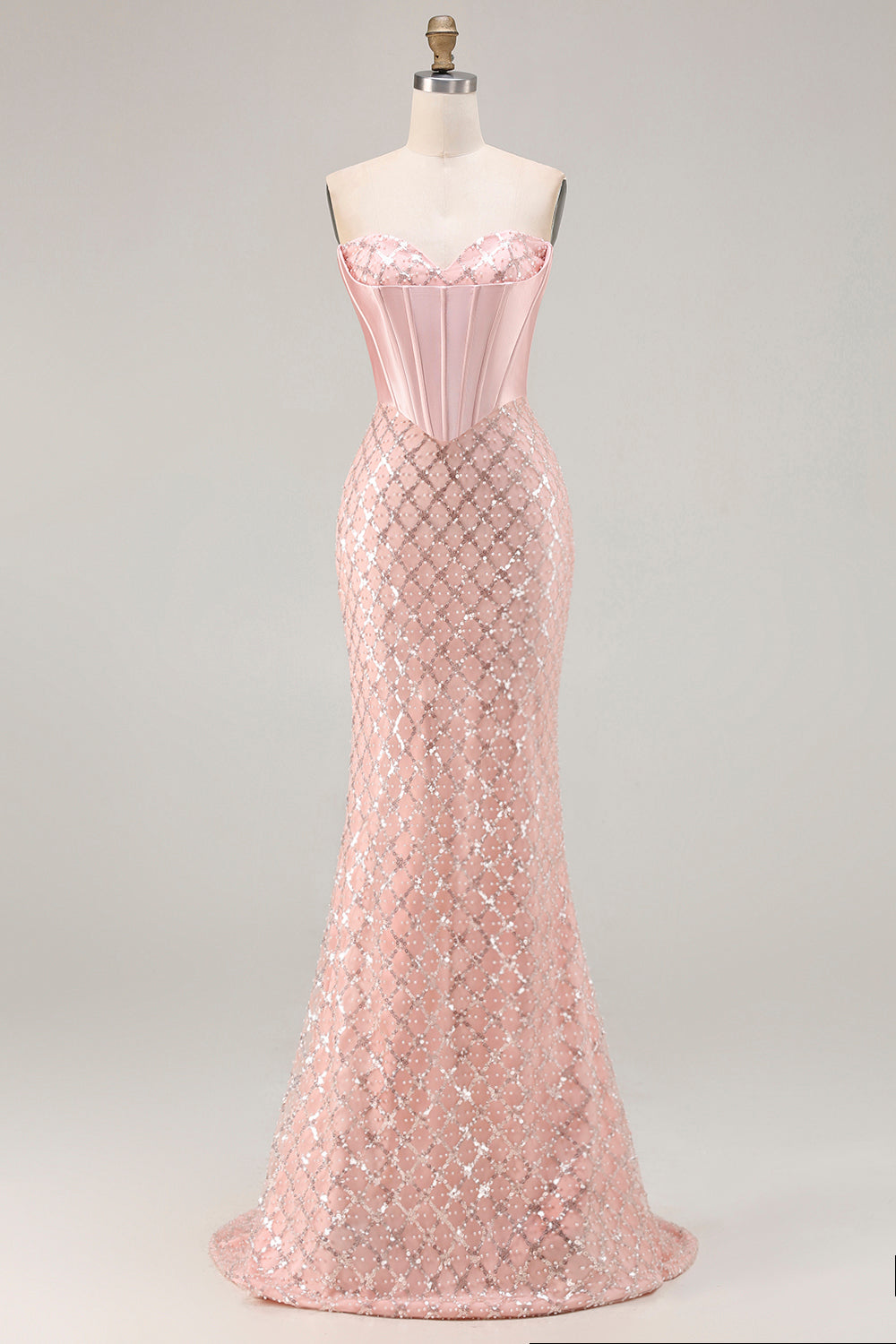 Sparkly Blush Mermaid Sequin Sweetheart Long Corset Prom Dress
