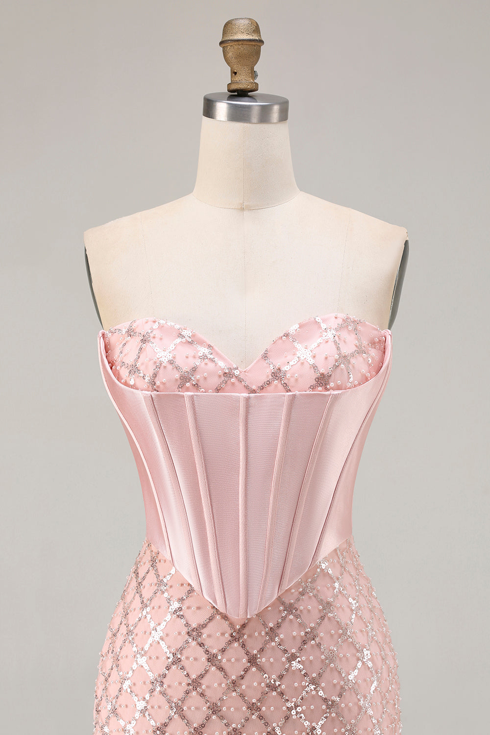 Sparkly Blush Mermaid Sequin Sweetheart Long Corset Prom Dress