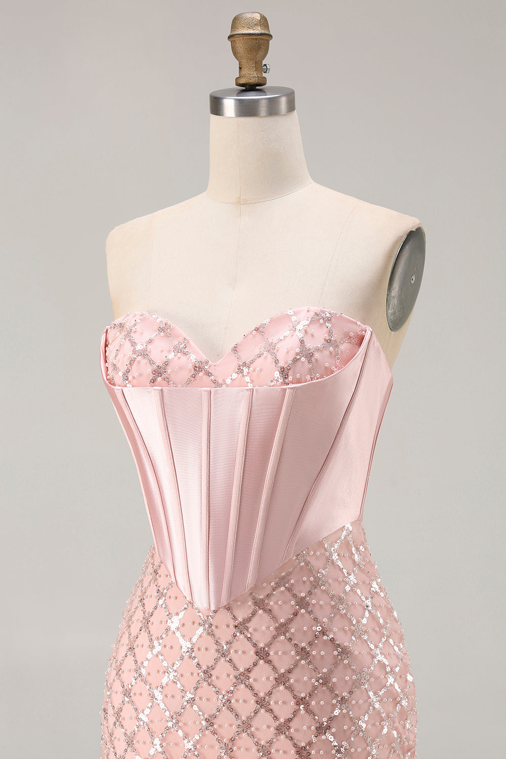 Sparkly Blush Mermaid Sequin Sweetheart Long Corset Prom Dress