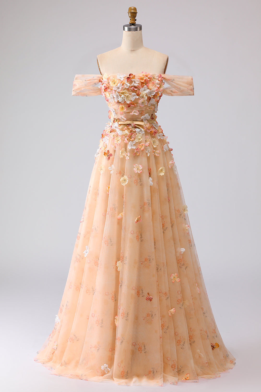 Champagne Floral Off the Shoulder A Line Long Prom Dress with 3D Flowers