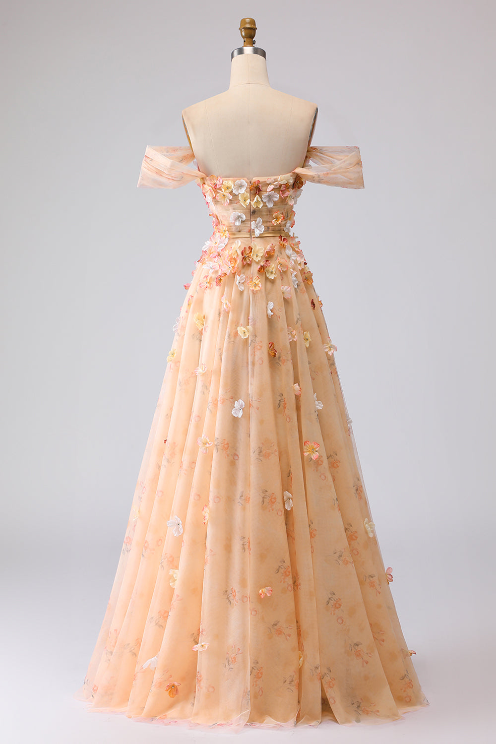 Champagne Floral Off the Shoulder A Line Long Prom Dress with 3D Flowers