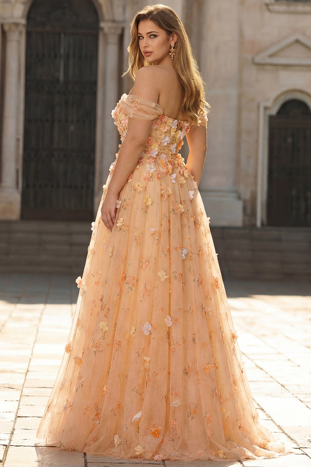 Champagne Floral Off the Shoulder A Line Long Prom Dress with 3D Flowers