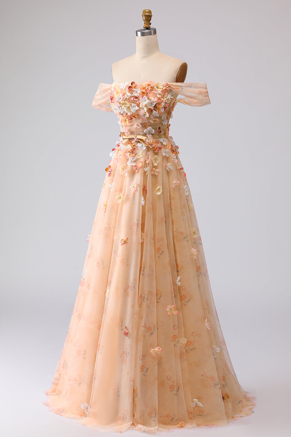 Champagne Floral Off the Shoulder A Line Long Prom Dress with 3D Flowers
