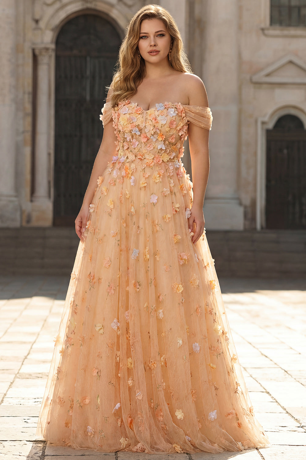 Champagne Floral Off the Shoulder A Line Long Prom Dress with 3D Flowers