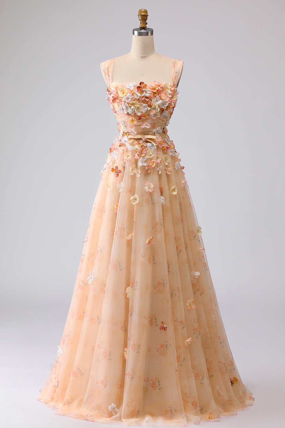 Champagne Floral Off the Shoulder A Line Long Prom Dress with 3D Flowers