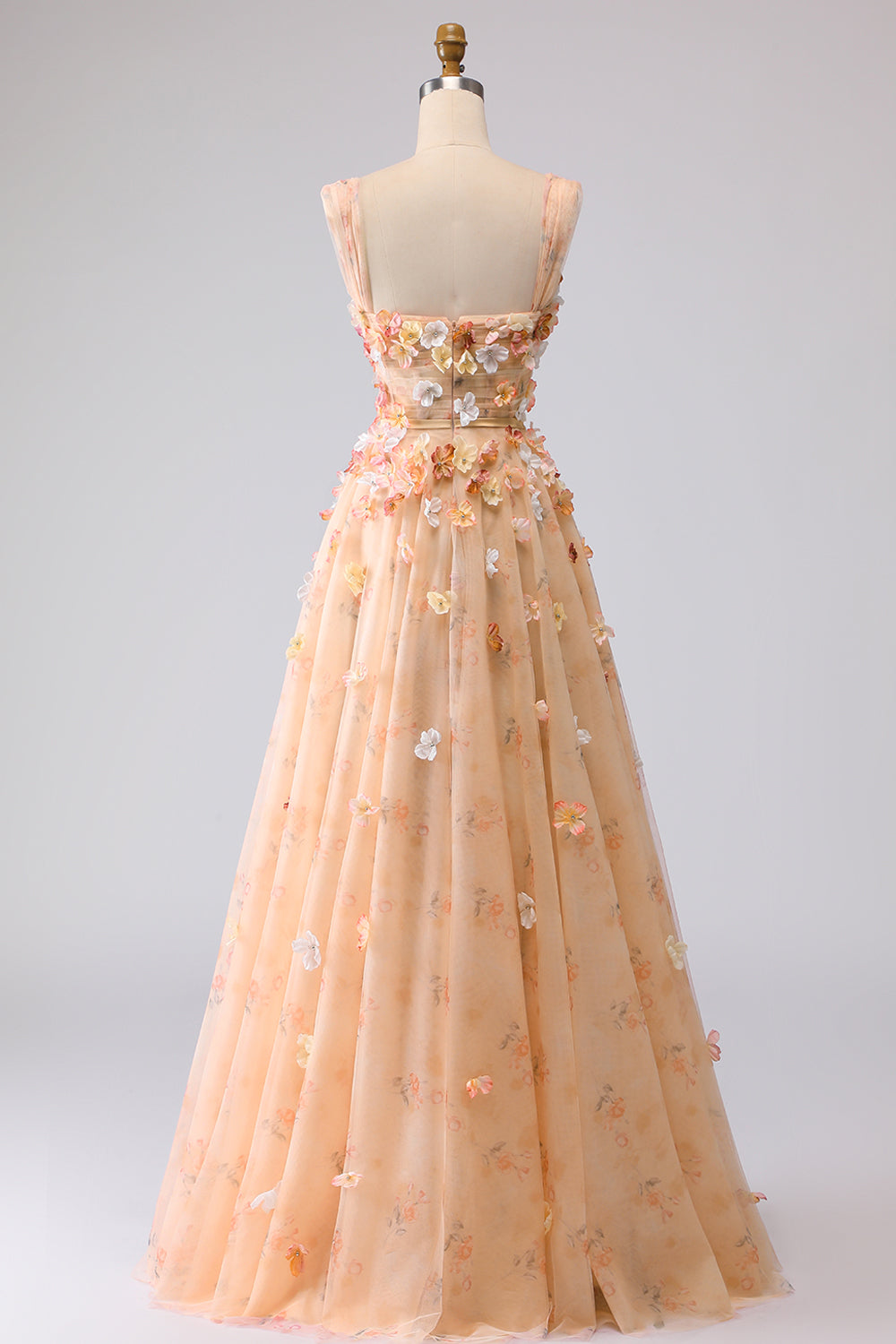 Champagne Floral Off the Shoulder A Line Long Prom Dress with 3D Flowers