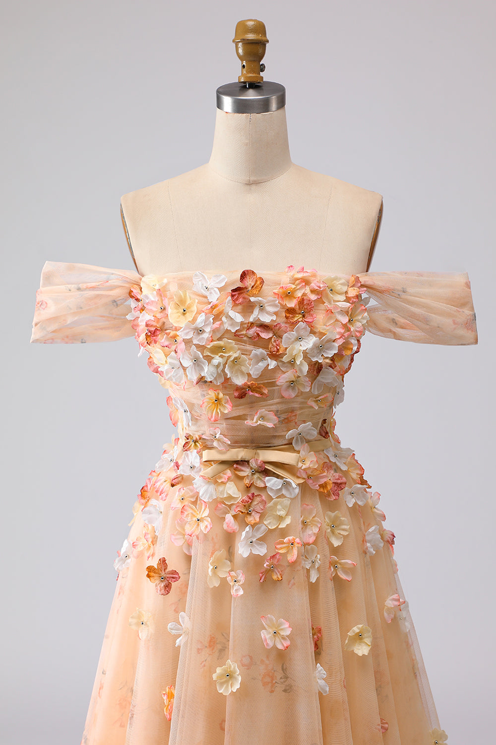 Champagne Floral Off the Shoulder A Line Long Prom Dress with 3D Flowers