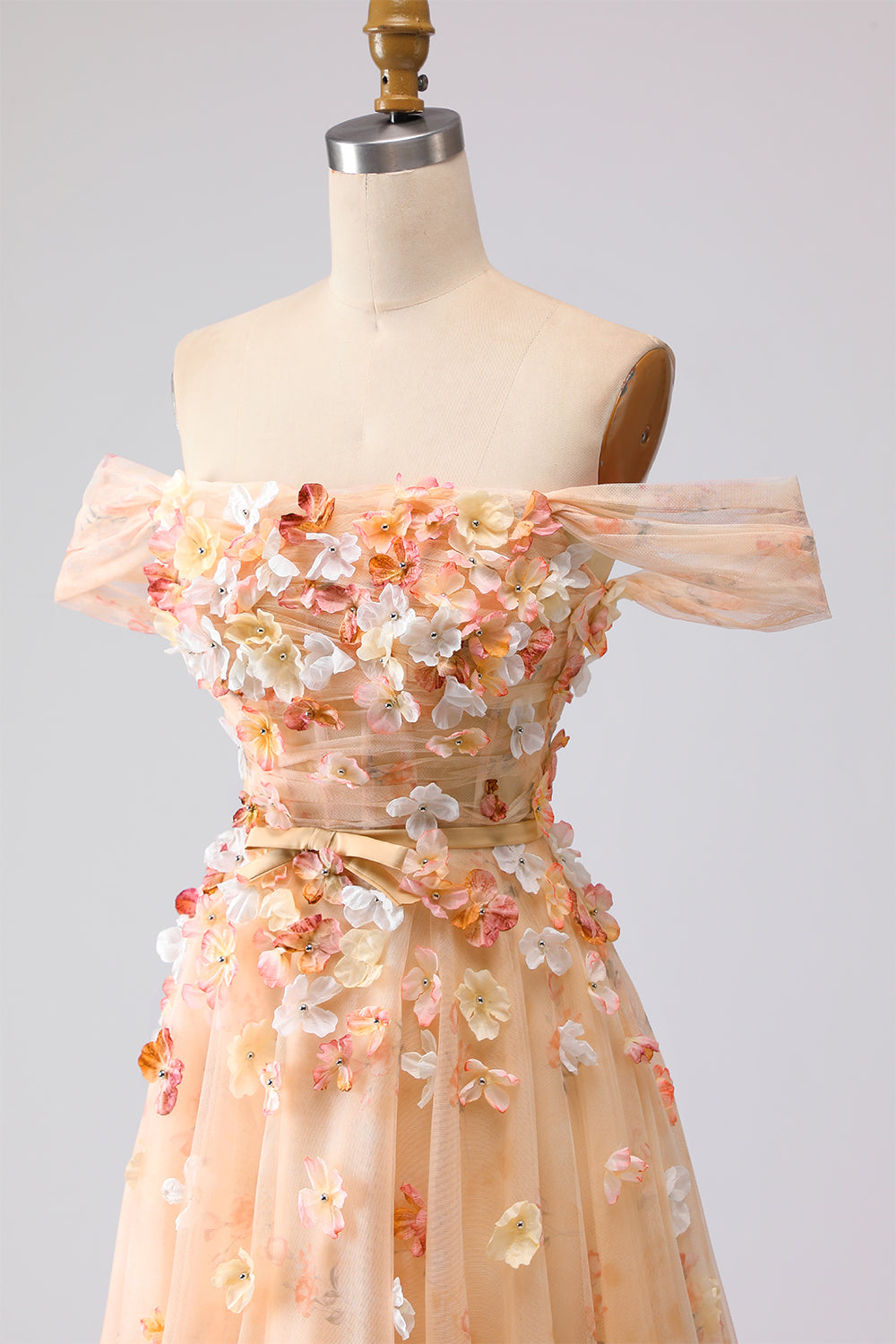 Champagne Floral Off the Shoulder A Line Long Prom Dress with 3D Flowers