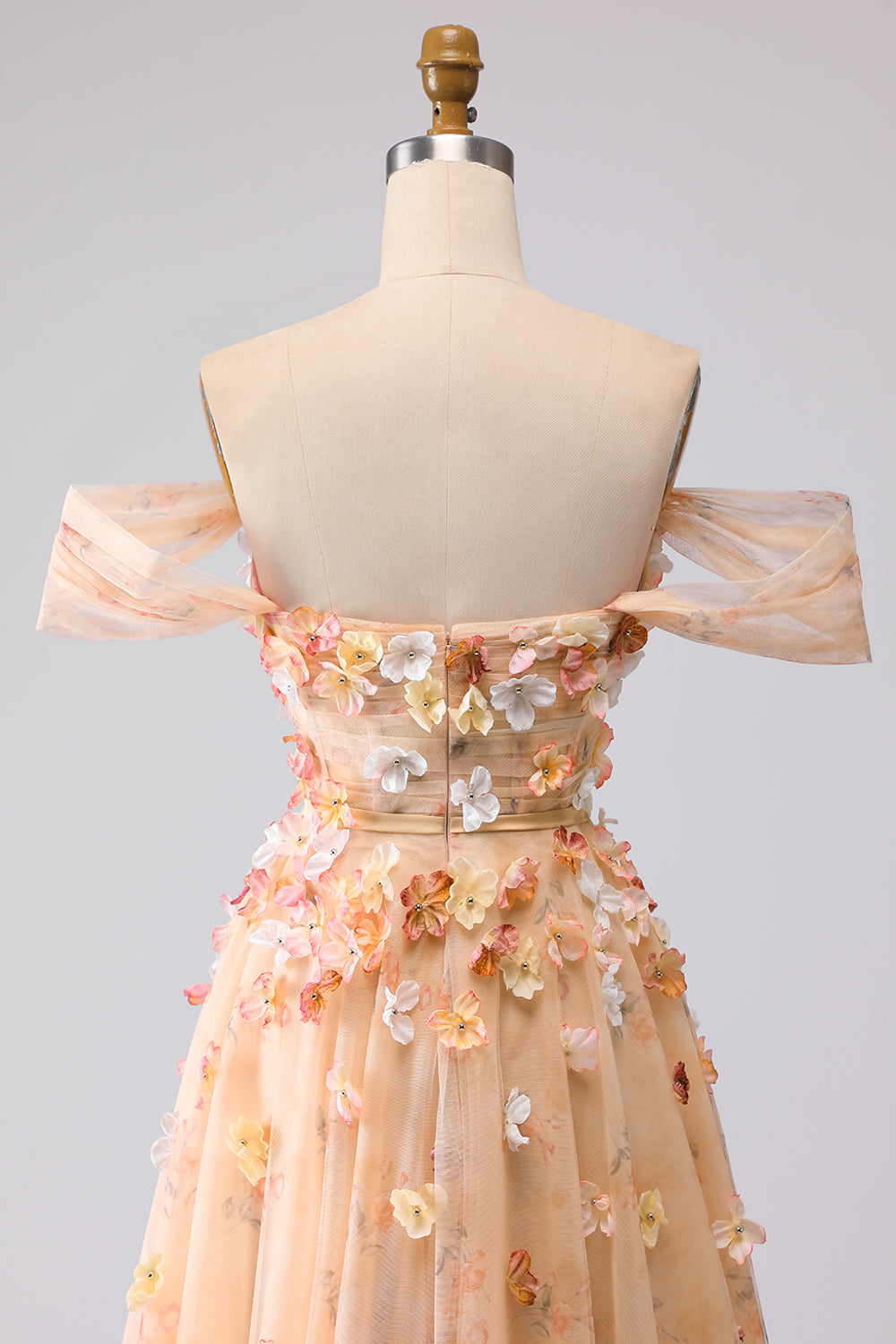 Champagne Floral Off the Shoulder A Line Long Prom Dress with 3D Flowers
