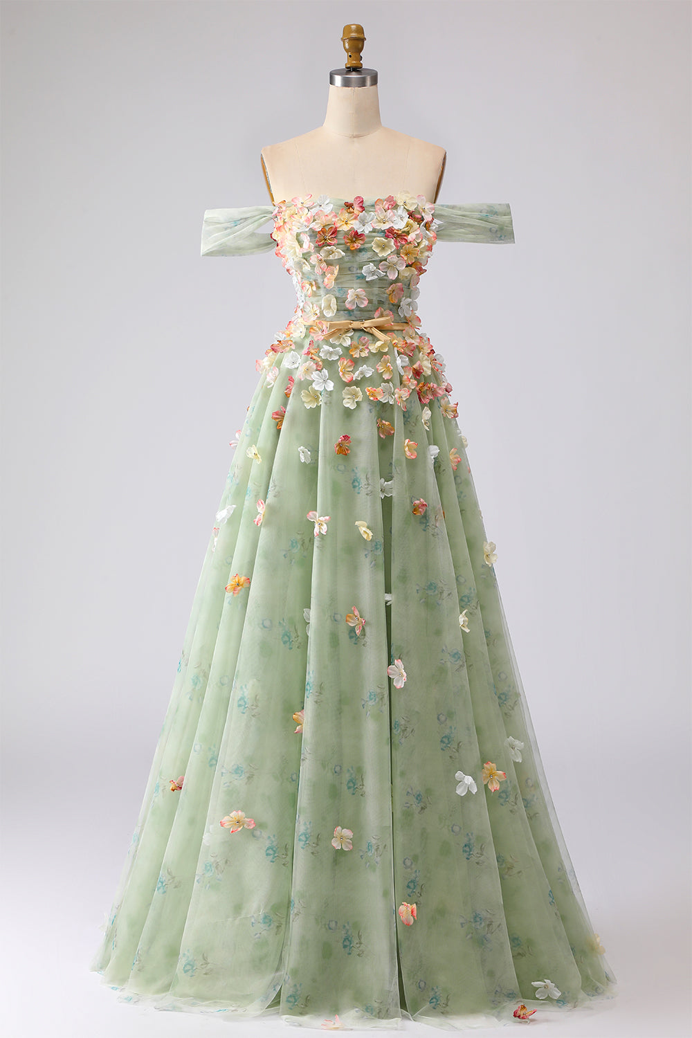 Champagne Floral Off the Shoulder A Line Long Prom Dress with 3D Flowers