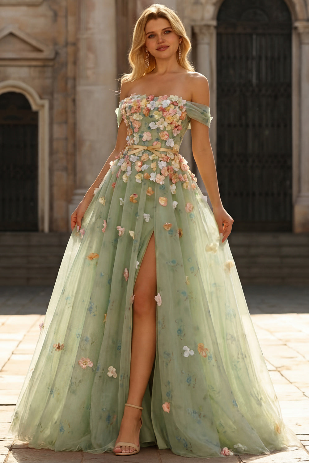 Champagne Floral Off the Shoulder A Line Long Prom Dress with 3D Flowers