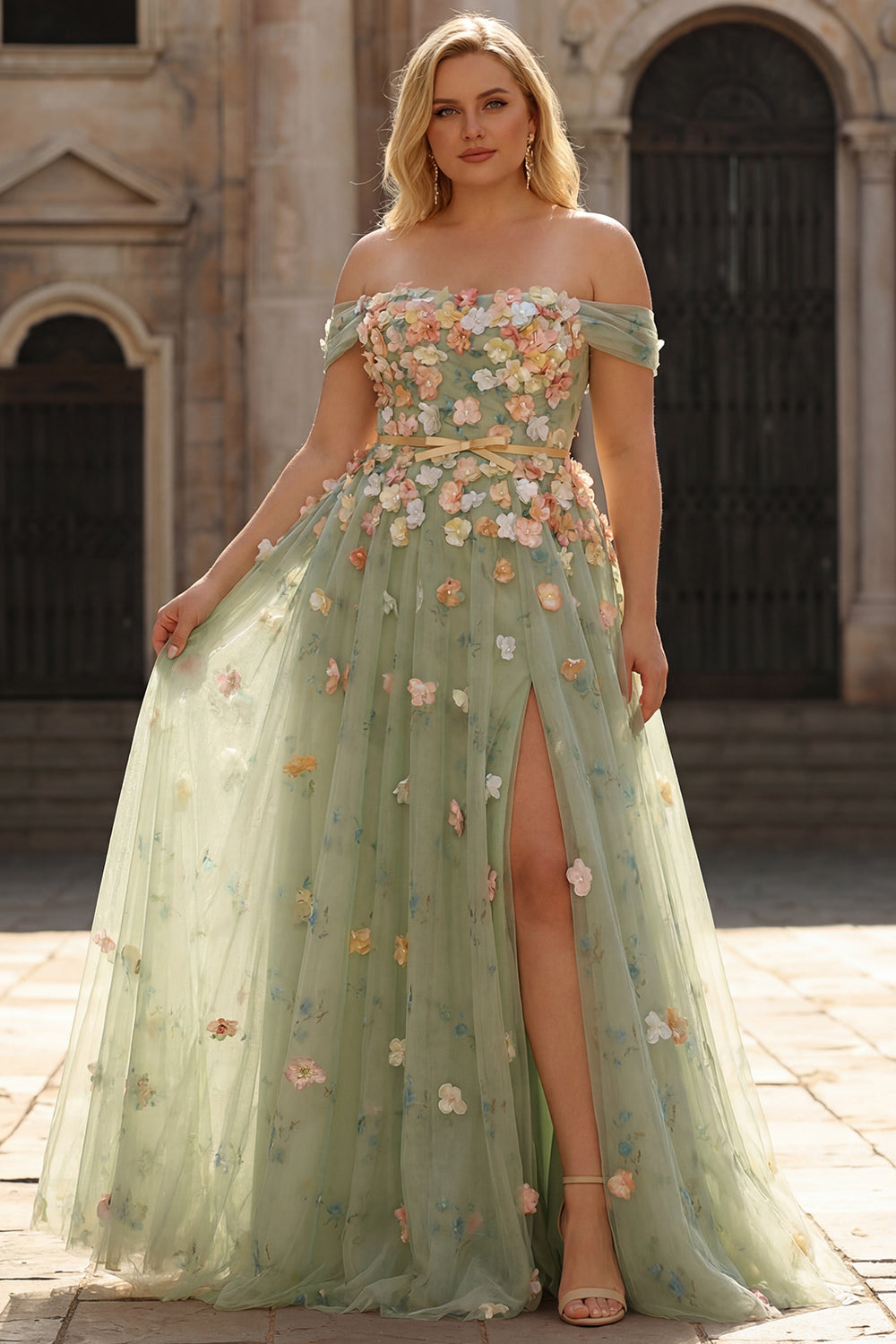 Champagne Floral Off the Shoulder A Line Long Prom Dress with 3D Flowers