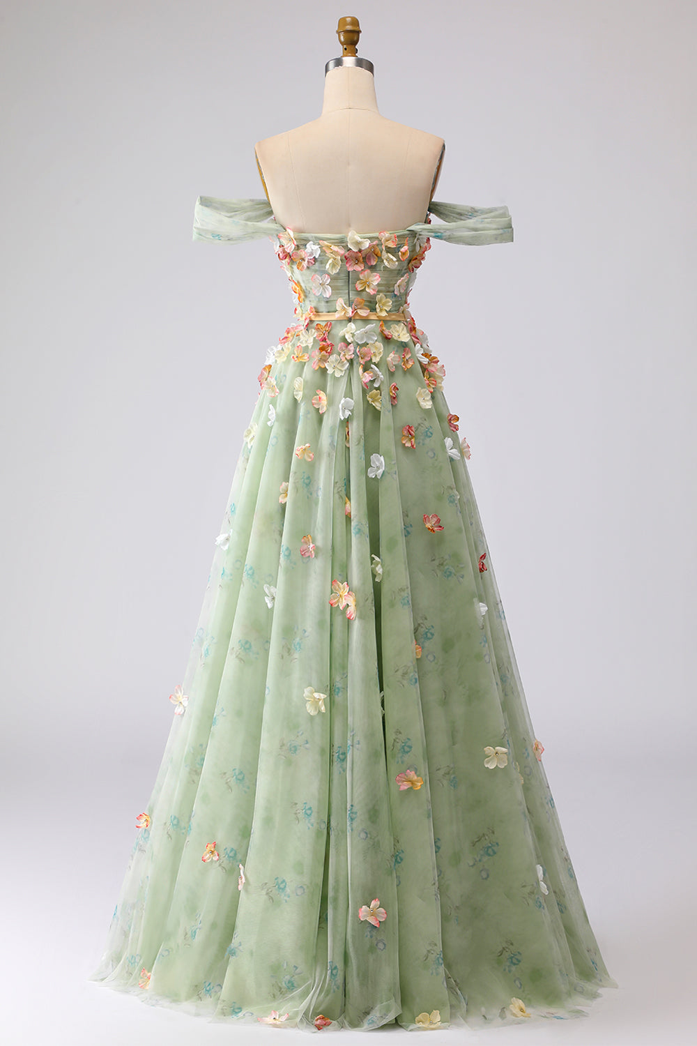 Champagne Floral Off the Shoulder A Line Long Prom Dress with 3D Flowers